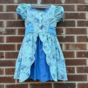 Vintage Girls 2-3 yrs peasant prairie blue floral dress scalloped hem Homemade